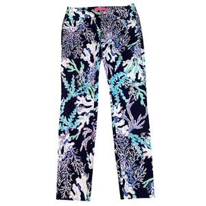 Lilly Pulitzer Kelly Skinny Ankle Pants Deep Indigo Coral Jacquard Textured - 0